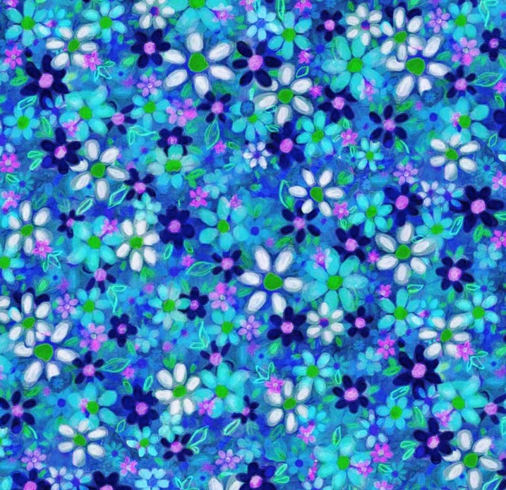 Flower To The Sun Blue Dazzle 100% Premium Cotton Fabric Per 1 2 Metre