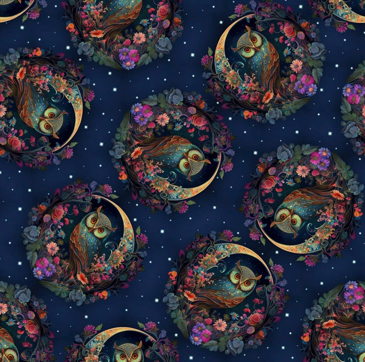 Night Garden, Digital Design Owls 100% Premium Cotton Fabric Per 1 2 M