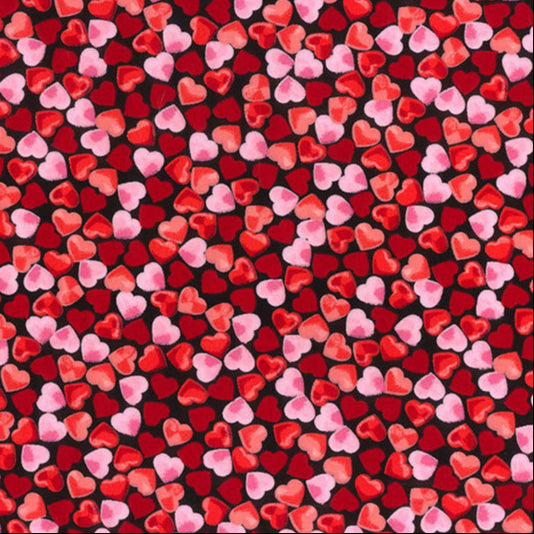 Red & black valentines hearts 100% cotton poplin fabric 112cm wide, sold per 1/2 metre