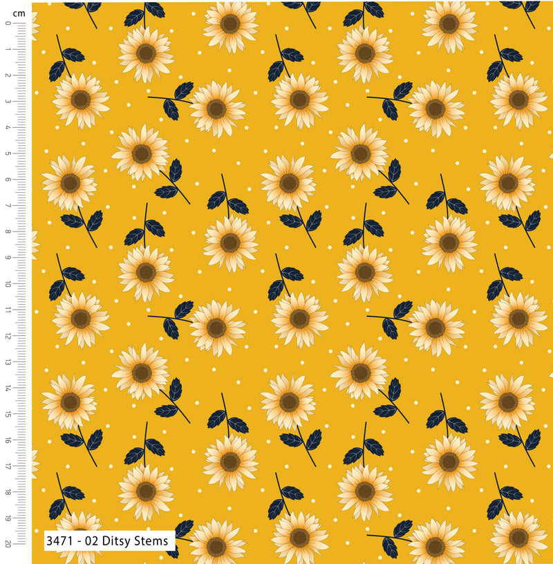 Golden Sunflowers "Ditsy Stems" 100% Cotton fabric  Per 1/2 Metre 112cm wide