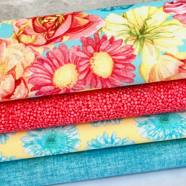 4 Piece Bright Flowers Fat Quarter Bundle 100% Premium Cotton Fabrics