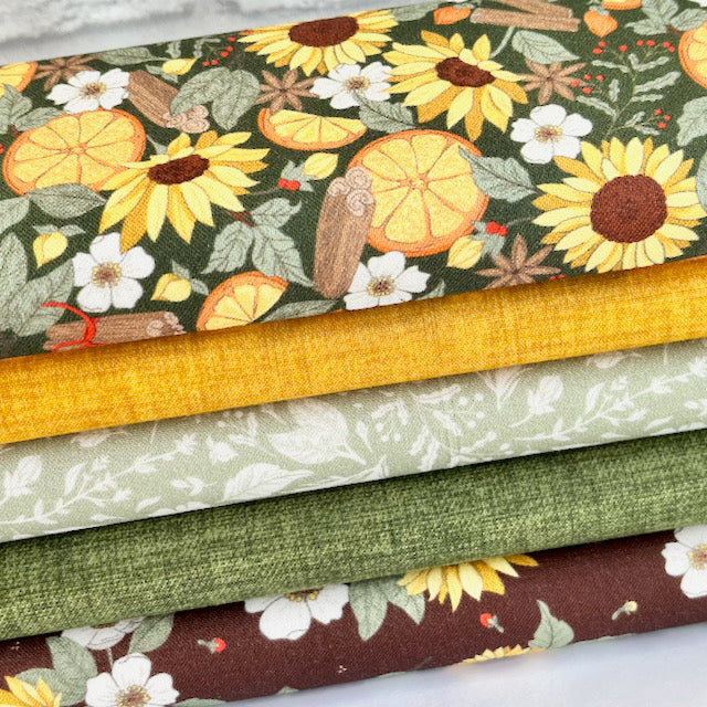 5 Piece Autumn Sunflowers Fat Quarter Bundle 100% Cotton Fabrics