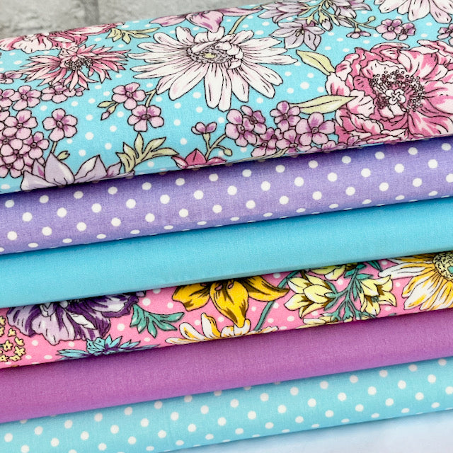 6 Piece Vibrant Flowers Fat Quarter Bundle 100% Cotton Poplin Fabrics