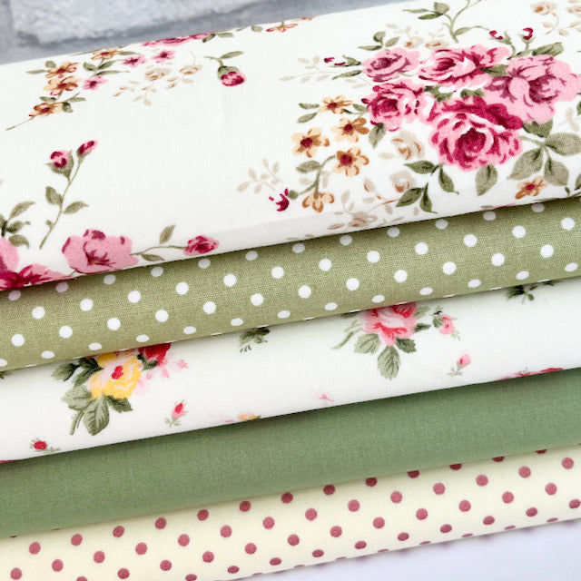 5 Piece Floral Creams & Greens Fat Quarter Bundle 100% Cotton Poplin Fabrics