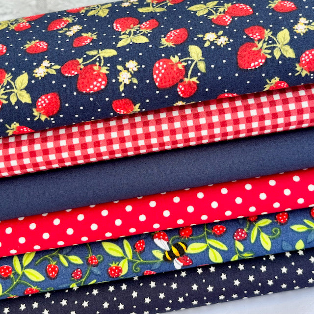 6 Piece Navy Bees & Strawberries HALF METRE Bundle 100% Cotton Poplin Fabrics