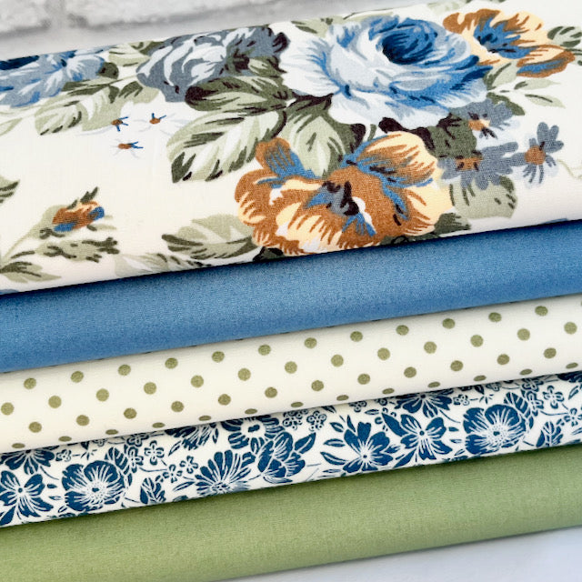 5 Piece Floral Blues & Greens Fat Quarter Bundle 100% Cotton Poplin Fabrics