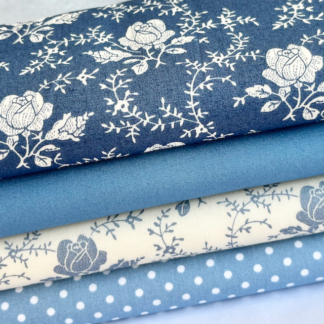 4 Piece Blue Victorian Roses Fat Quarter Bundle 100% Cotton Poplin Fabrics