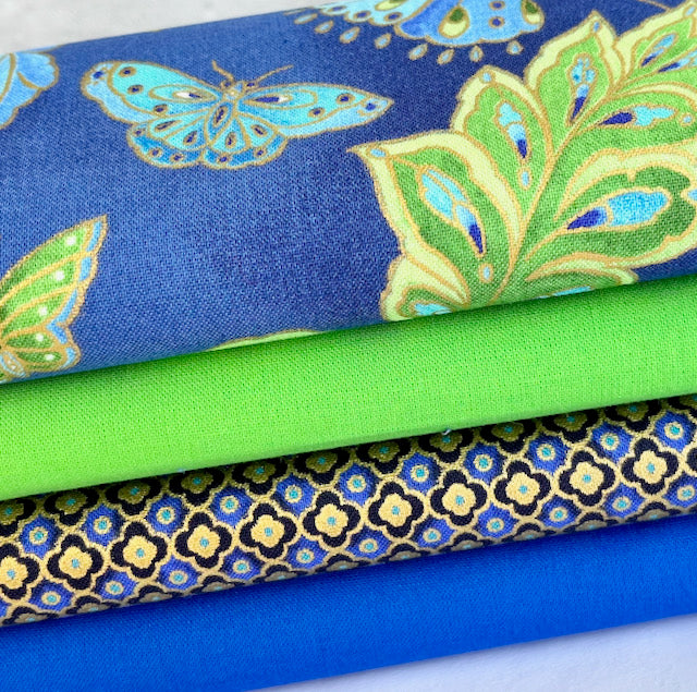 4 Piece Blue & Green Butterflies Fat Quarter Bundle 100% Premium Cotton Fabrics