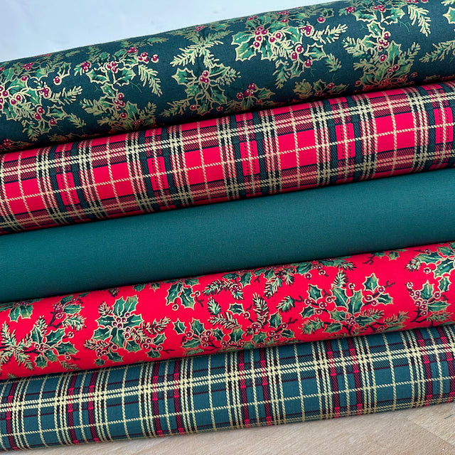 5 piece FAT QUATER BUNDLE traditional holly & tartan - 100% cotton fabric