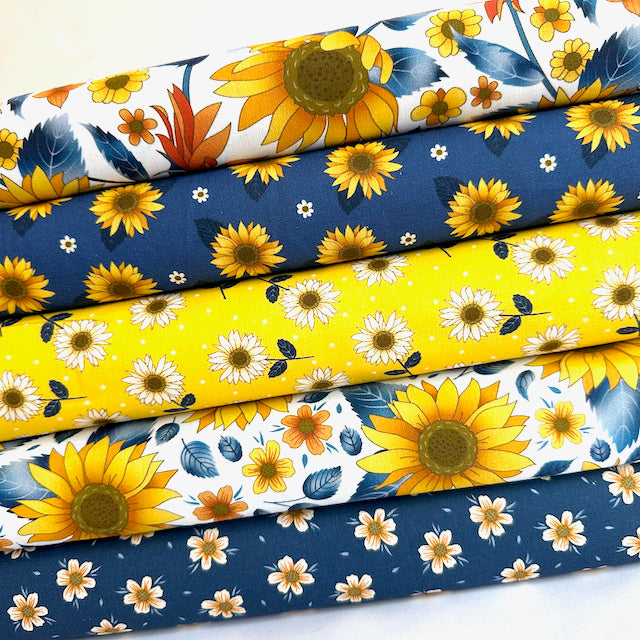 Golden Sunflowers 5 piece fat quarter bundle, 100% cotton fabric