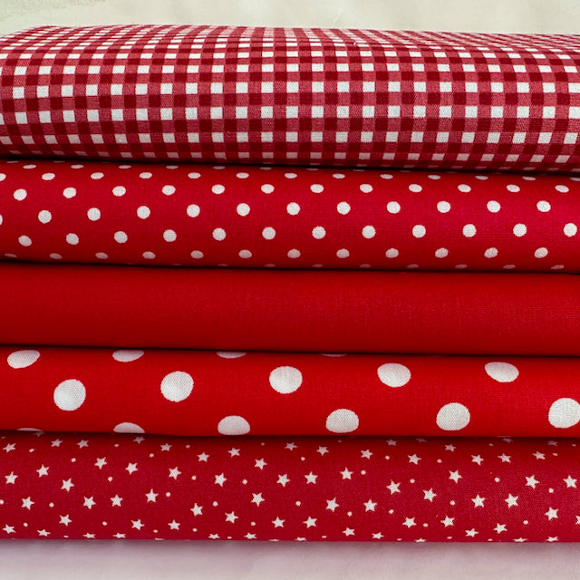 Red basics 5 piece FAT QUARTER BUNDLE,  100% cotton poplin fabric