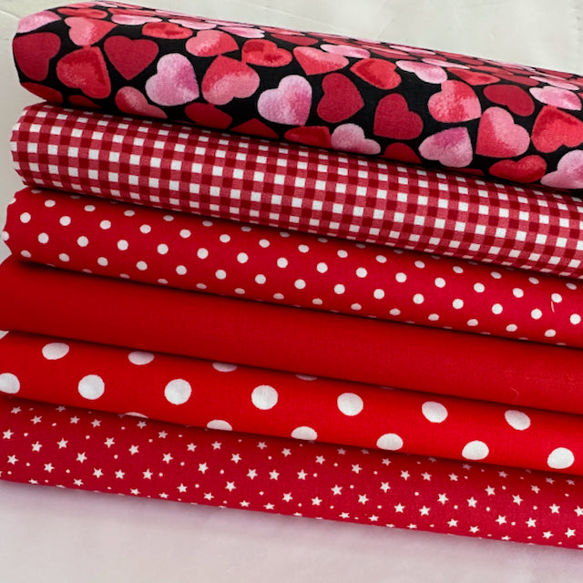 Valentines red 6 piece FAT QUARTER BUNDLE,  100% cotton poplin fabric