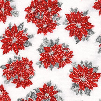 Holiday Charms, White, red & silver poinsettias by Robert Kaufman - 100% Premium Cotton Christmas Fabric, per 1/2 M