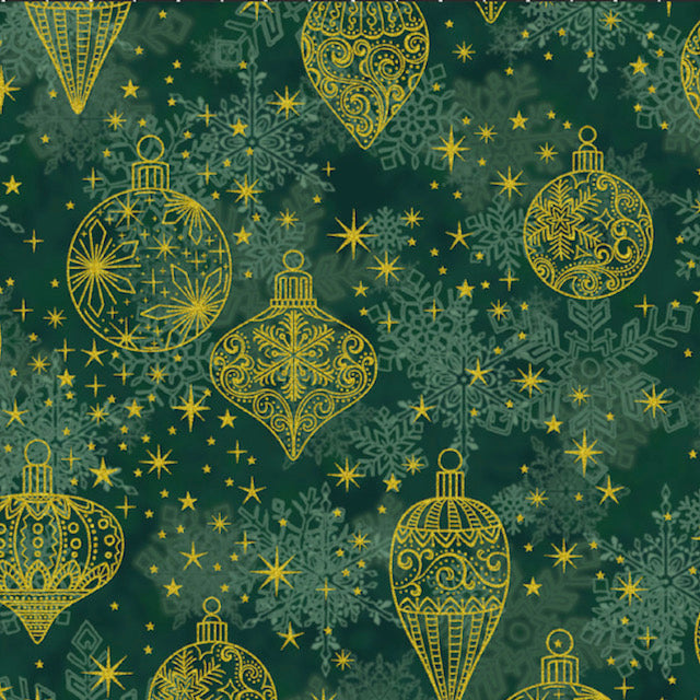 Star Glitter Green Baubles 100% Premium Cotton Fabric 112cm Wide, Sold per 1/2 Metre