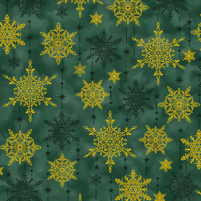 Star Glitter Green Snowflakes 100% Premium Cotton Fabric 112cm Wide, Sold per 1/2 Metre