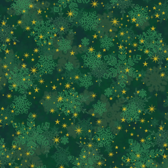 Star Glitter Green Stars & Snowflakes 100% Premium Cotton Fabric 112cm Wide, Sold per 1/2 Metre