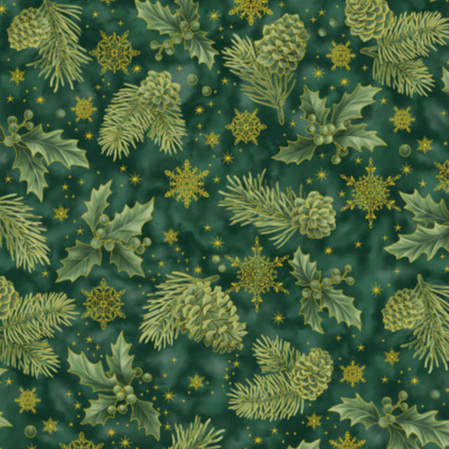 Star Glitter Green Holly & Pine Cones 100% Premium Cotton Fabric 112cm Wide, Sold per 1/2 Metre