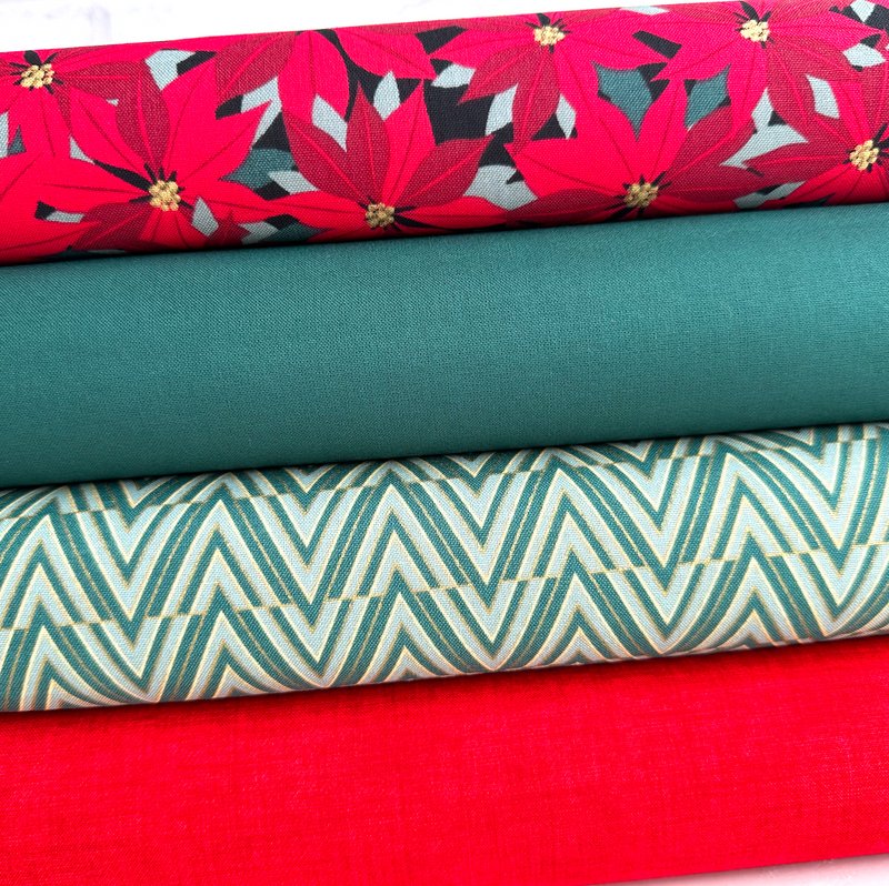 4 Piece Red & Green Poinsettia Fat Quarter Bundle 100% Cotton Fabric