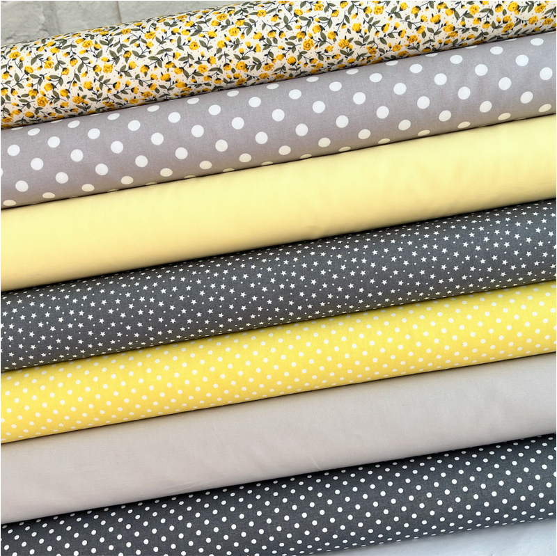 7 piece, fat quarter bundle, Grey & Lemon Baby mix, 100% cotton poplin fabric ~