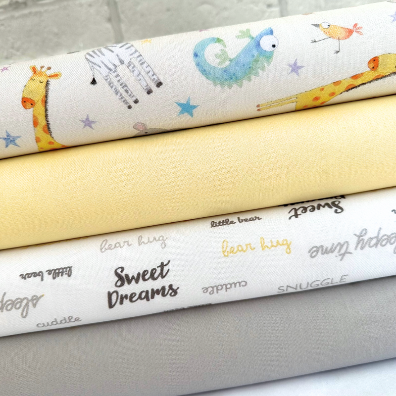 Lemon & Grey Baby Zoo 4 Piece Fat Quarter Fabric Bundle 100% Premium Cotton Fabrics