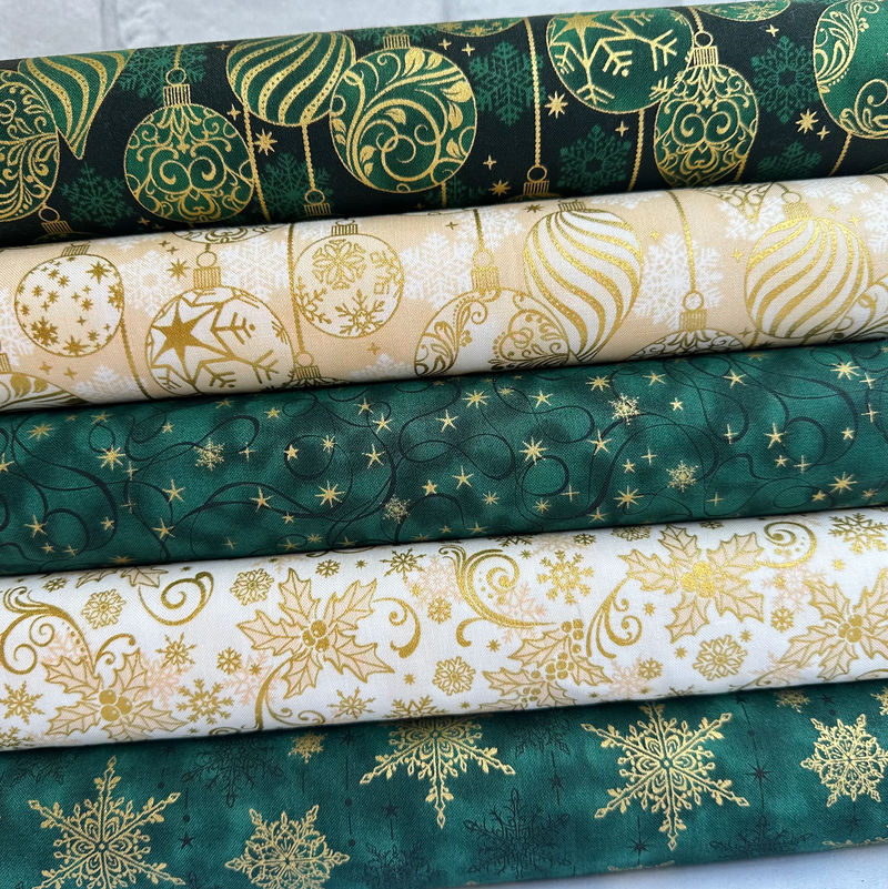 5 Piece Traditional Greens & Creams Christmas Fat Quarter Bundle 100% Cotton Fabric