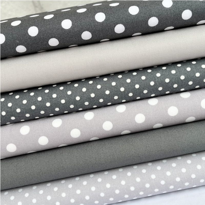 Grey basics 6 piece FAT QUARTER BUNDLE,  100% cotton poplin fabric