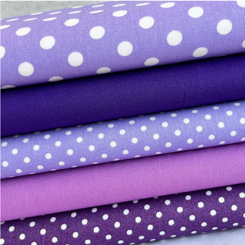 Purples/Lilacs basics 5 piece FAT QUARTER BUNDLE,  100% cotton poplin fabric