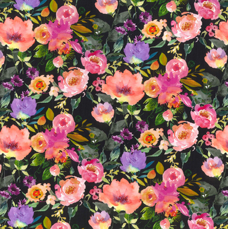 Black Summer In Bloom 100% Cotton Poplin Fabric Sold Per 1/2 Metre 56" Wide