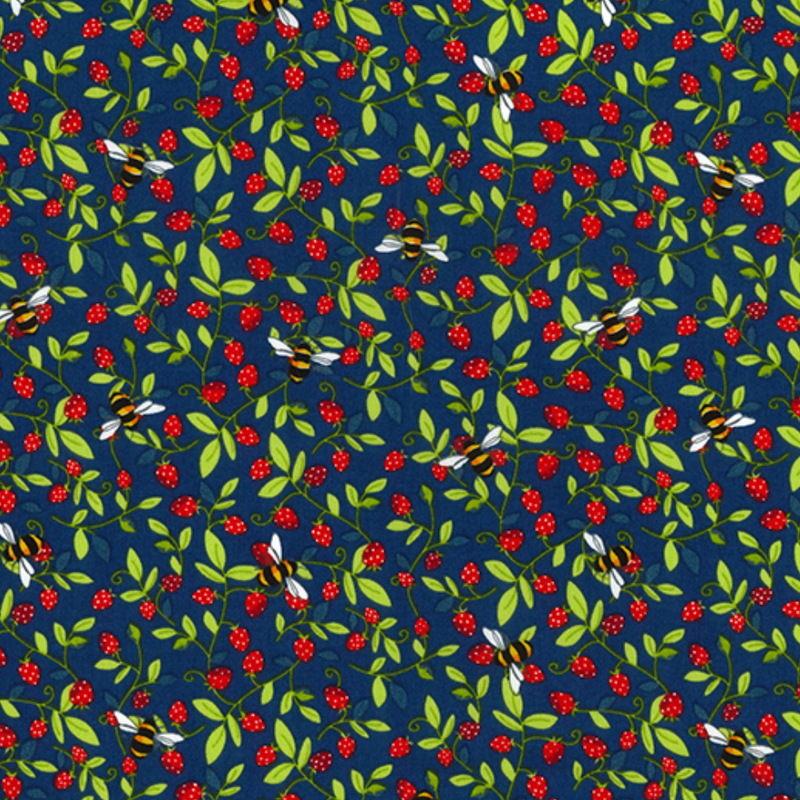 Navy Bees & Strawberries 100% Cotton Poplin Fabric Sold Per 1/2 Metre