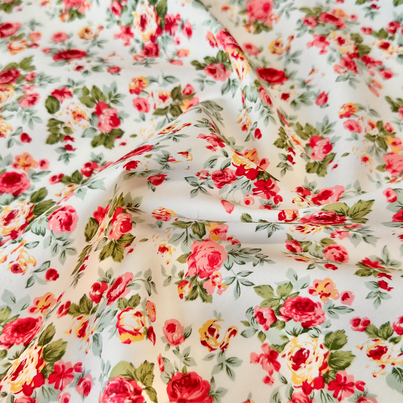 Ivory Flowerbud 100% Cotton Poplin Fabric Sold Per 1/2 Metre