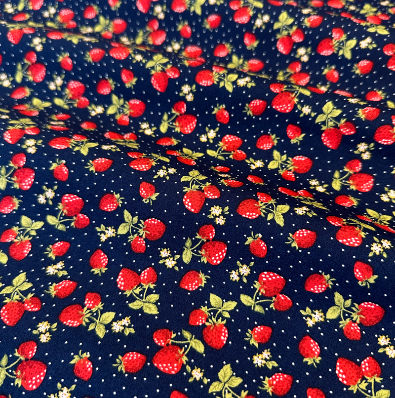 Navy Strawberries 100% Cotton Poplin Fabric Sold Per 1/2 Metre