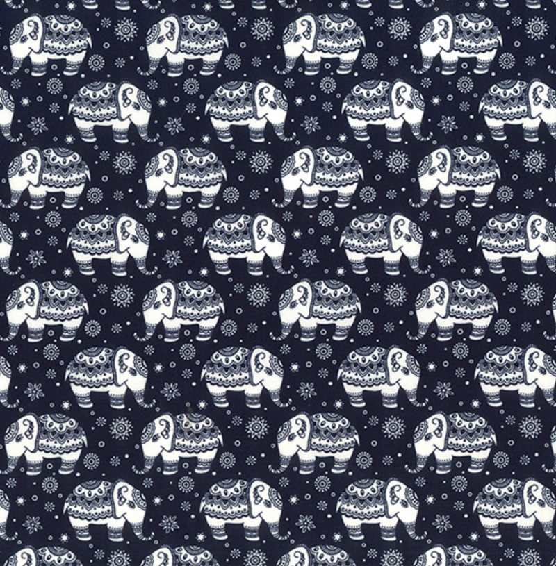 Navy Blue Elephants 100% Cotton Poplin Fabric Sold Per 1/2 Metre