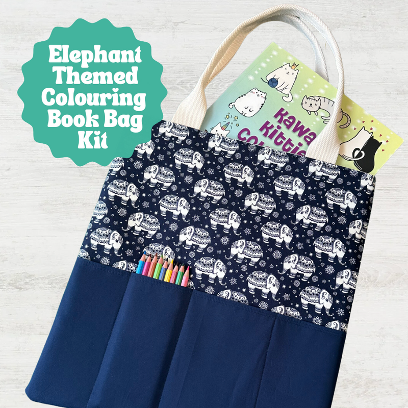 Navy Elephant Fabric Kit To Make Chloe's Colouring Book Bag