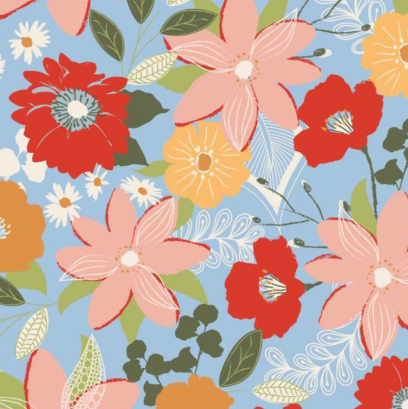 Petal Power Blue 100% Cotton Fabric - Sold Per Half Metre