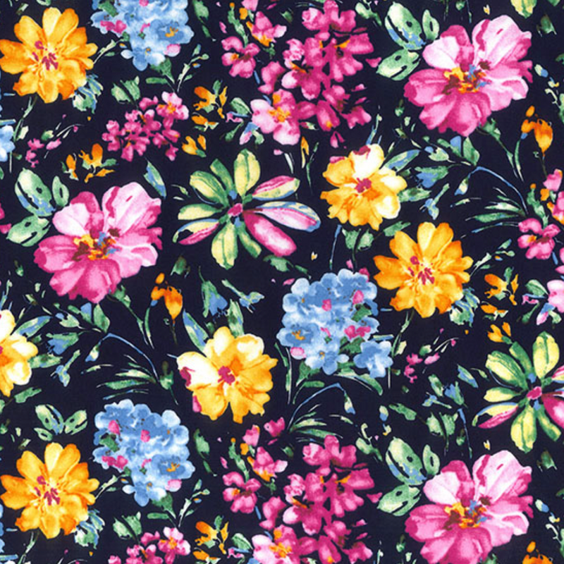 Flower Burst Navy Background 100% Cotton Poplin Sold Per 1/2 Metre 112cm Wide