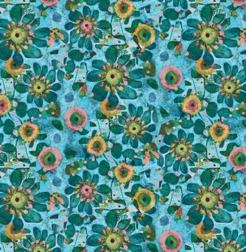 Turquoise Fleur Free Spirit L'Heure Bleue 100% Premium Cotton Fabric Sold Per 1/2 Metre