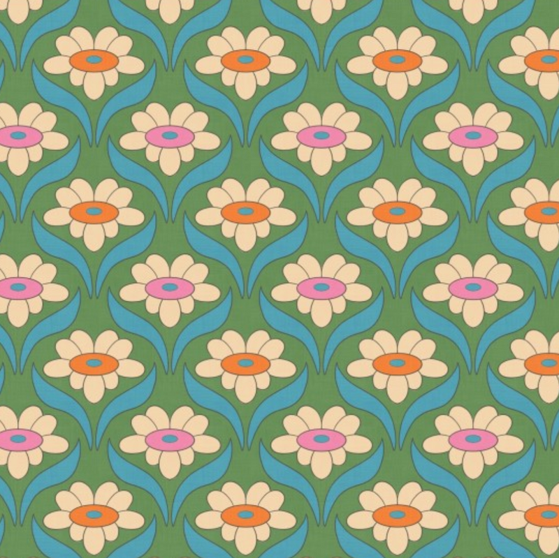 Petal Power Daisies Green 100% Premium Cotton Fabric - Sold Per Half Metre