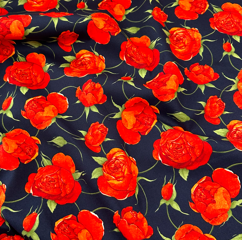 Navy Blue Bold Roses 100% Cotton Poplin Sold Per 1/2 Metre 112cm Wide