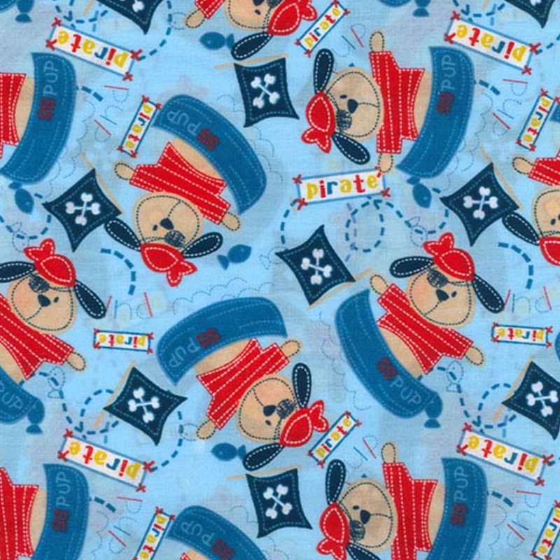 Pirate Pup Blue Polycotton Fabric Per 1/2 Metre 112cm Wide