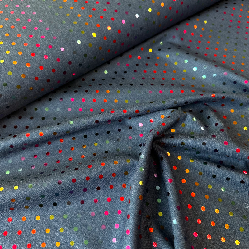 Rainbow Spot Lightweight Denim Foil Fabric 100% Cotton 145cm Wide Per 1/2 Metre