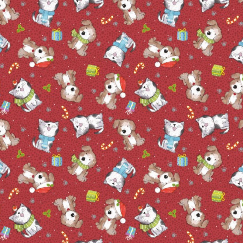 Red Festive Cats & Dogs 100% Premium Cotton Fabric Sold Per Half Metre