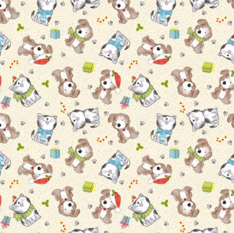 Cream Festive Cats & Dogs 100% Premium Cotton Fabric Sold Per Half Metre