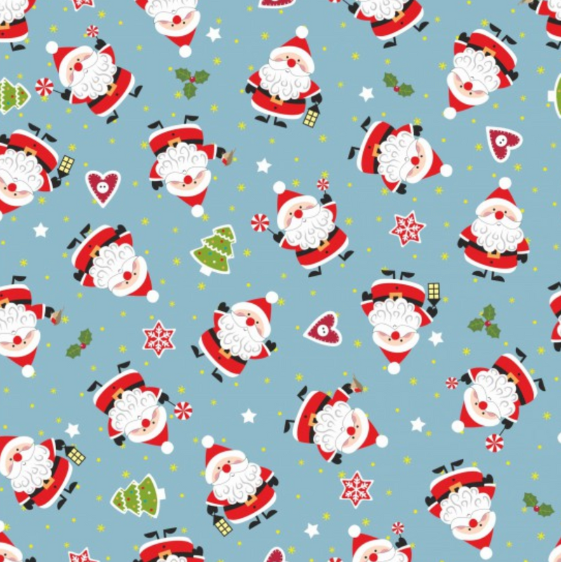 Pale Blue Little Santa Metallic 100% Premium Cotton Fabric Sold Per Half Metre