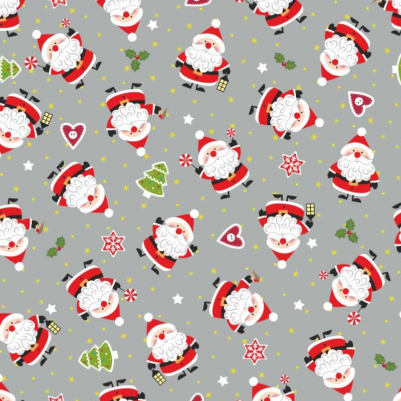 Grey Little Santa Metallic 100% Premium Cotton Fabric Sold Per Half Metre