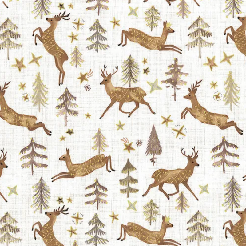 Winter Dreams Metallic White Stag 100% Premium Cotton Fabric Sold Per Half Metre