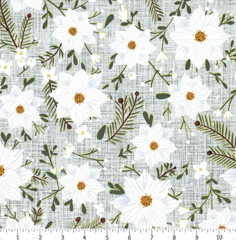 Winter Dreams Metallic Mint Flower 100% Premium Cotton Fabric Sold Per Half Metre