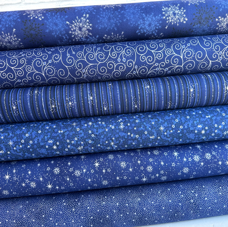 6 Piece Frosty Blues Christmas Fat Quarter Bundle 100% Cotton Fabric