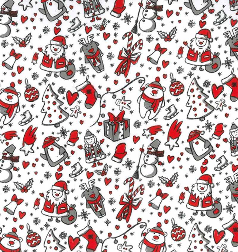 Grey & Red Children's Christmas Polycotton Fabric 112cm Wide Per 1/2 Metre