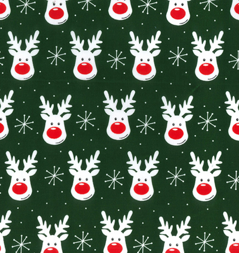 Green Christmas Reindeer Polycotton Fabric 112cm wide sold by the half metre