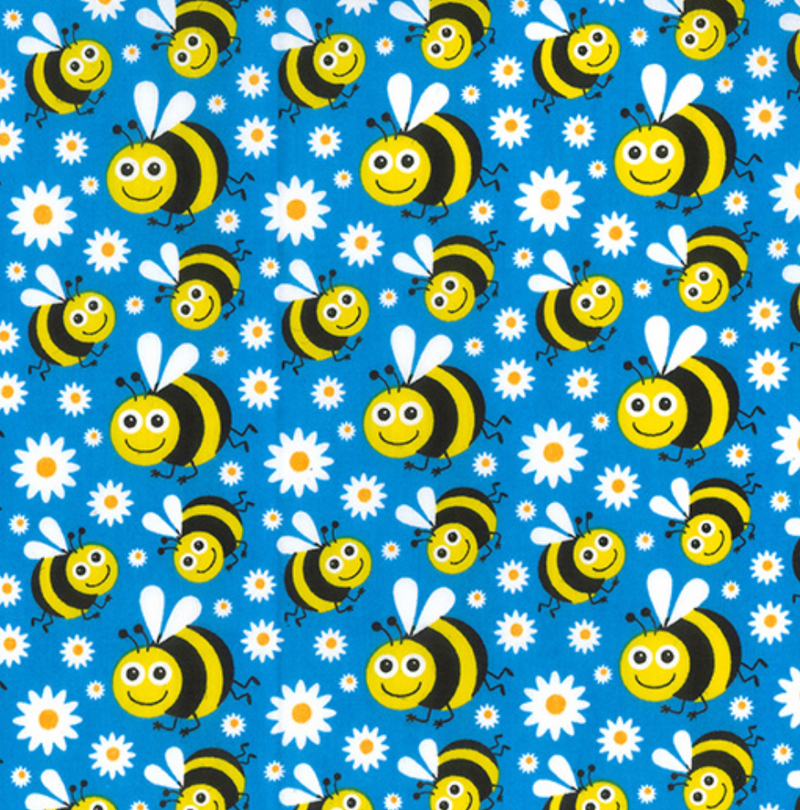 Bright Blue Happy Bees Polycotton Fabric 112cm Wide Per 1/2 Metre